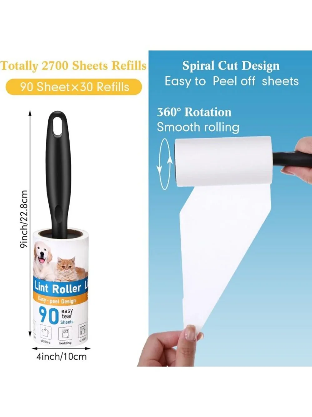 Extra Sticky Lint Rollers for Pet Hair - 2700 Sheets, Portable Remover with 10